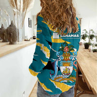 Bahamas Women Casual Shirt with National Coat of Arms Teal Yellow Ocean Wave Spirit