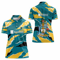 Bahamas Women Polo Shirt with National Coat of Arms Teal Yellow Ocean Wave Spirit