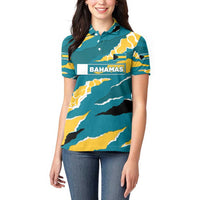 Bahamas Women Polo Shirt with National Coat of Arms Teal Yellow Ocean Wave Spirit