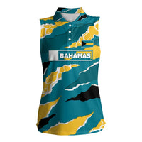 Bahamas Women Sleeveless Polo Shirt with National Coat of Arms Teal Yellow Ocean Wave Spirit