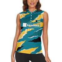 Bahamas Women Sleeveless Polo Shirt with National Coat of Arms Teal Yellow Ocean Wave Spirit