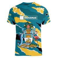 Bahamas Women V-Neck T-Shirt with National Coat of Arms Teal Yellow Ocean Wave Spirit