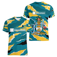 Bahamas Women V-Neck T-Shirt with National Coat of Arms Teal Yellow Ocean Wave Spirit