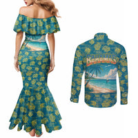 Bahamas Couples Matching Mermaid Dress and Long Sleeve Button Shirt with Tropical Beach Sunset Palm Tree Ocean Spirit