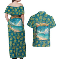 Bahamas Couples Matching Off Shoulder Maxi Dress and Hawaiian Shirt with Tropical Beach Sunset Palm Tree Ocean Spirit