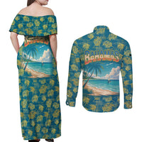 Bahamas Couples Matching Off Shoulder Maxi Dress and Long Sleeve Button Shirt with Tropical Beach Sunset Palm Tree Ocean Spirit