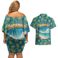 Bahamas Couples Matching Off Shoulder Short Dress and Hawaiian Shirt with Tropical Beach Sunset Palm Tree Ocean Spirit
