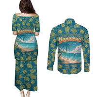 Bahamas Couples Matching Puletasi and Long Sleeve Button Shirt with Tropical Beach Sunset Palm Tree Ocean Spirit