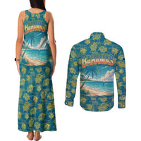 Bahamas Couples Matching Tank Maxi Dress and Long Sleeve Button Shirt with Tropical Beach Sunset Palm Tree Ocean Spirit