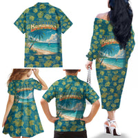 Bahamas Family Matching Off The Shoulder Long Sleeve Dress and Hawaiian Shirt with Tropical Beach Sunset Palm Tree Ocean Spirit