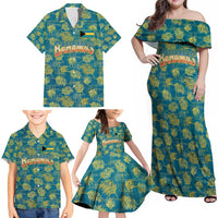 Bahamas Family Matching Off Shoulder Maxi Dress and Hawaiian Shirt with Tropical Beach Sunset Palm Tree Ocean Spirit