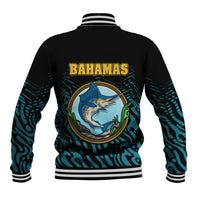 Bahamas Coat of Arms and Flag Baseball Jacket with Blue Coral Pattern and Marlin Crest - Wonder Print Shop
