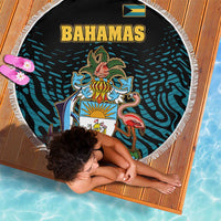Bahamas Coat of Arms and Flag Beach Blanket with Blue Coral Pattern and Marlin Crest - Wonder Print Shop