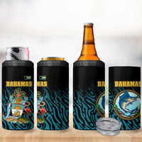 Bahamas Coat of Arms and Flag 4 in 1 Can Cooler Tumbler with Blue Coral Pattern and Marlin Crest - Wonder Print Shop