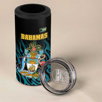 Bahamas Coat of Arms and Flag 4 in 1 Can Cooler Tumbler with Blue Coral Pattern and Marlin Crest - Wonder Print Shop