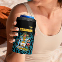 Bahamas Coat of Arms and Flag 4 in 1 Can Cooler Tumbler with Blue Coral Pattern and Marlin Crest - Wonder Print Shop