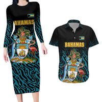 Bahamas Coat of Arms and Flag Couples Matching Long Sleeve Bodycon Dress and Hawaiian Shirt with Blue Coral Pattern and Marlin Crest - Wonder Print Shop