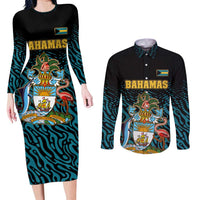 Bahamas Coat of Arms and Flag Couples Matching Long Sleeve Bodycon Dress and Long Sleeve Button Shirt with Blue Coral Pattern and Marlin Crest - Wonder Print Shop