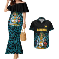 Bahamas Coat of Arms and Flag Couples Matching Mermaid Dress and Hawaiian Shirt with Blue Coral Pattern and Marlin Crest - Wonder Print Shop