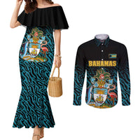 Bahamas Coat of Arms and Flag Couples Matching Mermaid Dress and Long Sleeve Button Shirt with Blue Coral Pattern and Marlin Crest - Wonder Print Shop