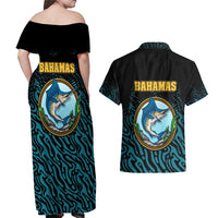 Bahamas Coat of Arms and Flag Couples Matching Off Shoulder Maxi Dress and Hawaiian Shirt with Blue Coral Pattern and Marlin Crest - Wonder Print Shop