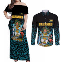 Bahamas Coat of Arms and Flag Couples Matching Off Shoulder Maxi Dress and Long Sleeve Button Shirt with Blue Coral Pattern and Marlin Crest - Wonder Print Shop