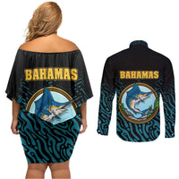 Bahamas Coat of Arms and Flag Couples Matching Off Shoulder Short Dress and Long Sleeve Button Shirt with Blue Coral Pattern and Marlin Crest - Wonder Print Shop