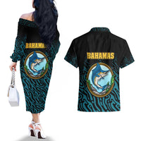 Bahamas Coat of Arms and Flag Couples Matching Off The Shoulder Long Sleeve Dress and Hawaiian Shirt with Blue Coral Pattern and Marlin Crest - Wonder Print Shop