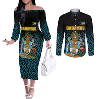 Bahamas Coat of Arms and Flag Couples Matching Off The Shoulder Long Sleeve Dress and Long Sleeve Button Shirt with Blue Coral Pattern and Marlin Crest - Wonder Print Shop