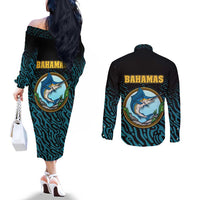 Bahamas Coat of Arms and Flag Couples Matching Off The Shoulder Long Sleeve Dress and Long Sleeve Button Shirt with Blue Coral Pattern and Marlin Crest - Wonder Print Shop