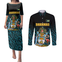 Bahamas Coat of Arms and Flag Couples Matching Puletasi and Long Sleeve Button Shirt with Blue Coral Pattern and Marlin Crest - Wonder Print Shop