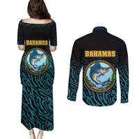 Bahamas Coat of Arms and Flag Couples Matching Puletasi and Long Sleeve Button Shirt with Blue Coral Pattern and Marlin Crest - Wonder Print Shop