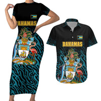 Bahamas Coat of Arms and Flag Couples Matching Short Sleeve Bodycon Dress and Hawaiian Shirt with Blue Coral Pattern and Marlin Crest - Wonder Print Shop
