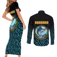 Bahamas Coat of Arms and Flag Couples Matching Short Sleeve Bodycon Dress and Long Sleeve Button Shirt with Blue Coral Pattern and Marlin Crest - Wonder Print Shop