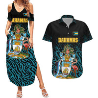 Bahamas Coat of Arms and Flag Couples Matching Summer Maxi Dress and Hawaiian Shirt with Blue Coral Pattern and Marlin Crest - Wonder Print Shop