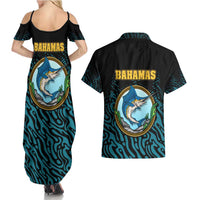 Bahamas Coat of Arms and Flag Couples Matching Summer Maxi Dress and Hawaiian Shirt with Blue Coral Pattern and Marlin Crest - Wonder Print Shop