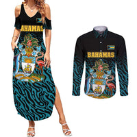 Bahamas Coat of Arms and Flag Couples Matching Summer Maxi Dress and Long Sleeve Button Shirt with Blue Coral Pattern and Marlin Crest - Wonder Print Shop