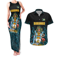 Bahamas Coat of Arms and Flag Couples Matching Tank Maxi Dress and Hawaiian Shirt with Blue Coral Pattern and Marlin Crest - Wonder Print Shop