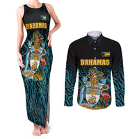 Bahamas Coat of Arms and Flag Couples Matching Tank Maxi Dress and Long Sleeve Button Shirt with Blue Coral Pattern and Marlin Crest - Wonder Print Shop