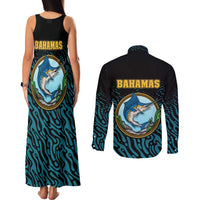 Bahamas Coat of Arms and Flag Couples Matching Tank Maxi Dress and Long Sleeve Button Shirt with Blue Coral Pattern and Marlin Crest - Wonder Print Shop