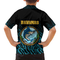 Bahamas Coat of Arms and Flag Family Matching Long Sleeve Bodycon Dress and Hawaiian Shirt with Blue Coral Pattern and Marlin Crest - Wonder Print Shop