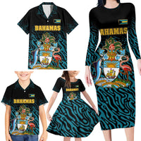 Bahamas Coat of Arms and Flag Family Matching Long Sleeve Bodycon Dress and Hawaiian Shirt with Blue Coral Pattern and Marlin Crest - Wonder Print Shop