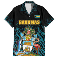 Bahamas Coat of Arms and Flag Family Matching Long Sleeve Bodycon Dress and Hawaiian Shirt with Blue Coral Pattern and Marlin Crest - Wonder Print Shop