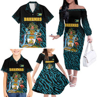 Bahamas Coat of Arms and Flag Family Matching Off The Shoulder Long Sleeve Dress and Hawaiian Shirt with Blue Coral Pattern and Marlin Crest - Wonder Print Shop