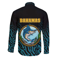 Bahamas Coat of Arms and Flag Family Matching Off The Shoulder Long Sleeve Dress and Hawaiian Shirt with Blue Coral Pattern and Marlin Crest - Wonder Print Shop