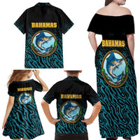 Bahamas Coat of Arms and Flag Family Matching Off Shoulder Maxi Dress and Hawaiian Shirt with Blue Coral Pattern and Marlin Crest - Wonder Print Shop