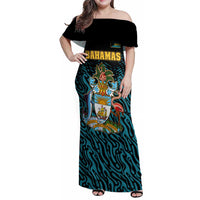 Bahamas Coat of Arms and Flag Family Matching Off Shoulder Maxi Dress and Hawaiian Shirt with Blue Coral Pattern and Marlin Crest - Wonder Print Shop