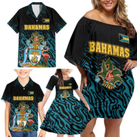 Bahamas Coat of Arms and Flag Family Matching Off Shoulder Short Dress and Hawaiian Shirt with Blue Coral Pattern and Marlin Crest - Wonder Print Shop