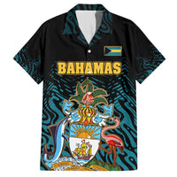 Bahamas Coat of Arms and Flag Family Matching Off Shoulder Short Dress and Hawaiian Shirt with Blue Coral Pattern and Marlin Crest - Wonder Print Shop