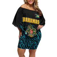 Bahamas Coat of Arms and Flag Family Matching Off Shoulder Short Dress and Hawaiian Shirt with Blue Coral Pattern and Marlin Crest - Wonder Print Shop